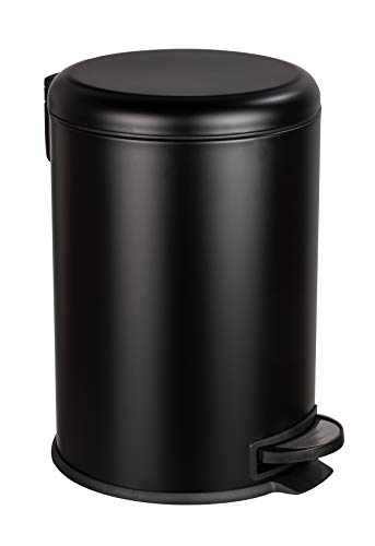 WENKO Küchen Abfalleimer Leman, 20 Liter, Mülleimer mit Absenkautomatik, Tretfunktion, herausnehmbarem Einsatz, aus lackiertem Stahl, 30,5 x 44 x 37,5 cm, Schwarz matt von WENKO