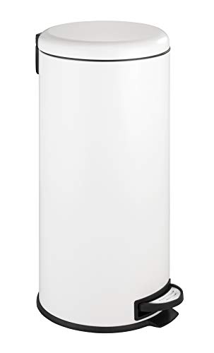 WENKO Küchen Abfalleimer Leman, 30 Liter, Mülleimer mit Absenkautomatik, Tretfunktion, herausnehmbarem Einsatz, aus lackiertem Stahl, 30, 5 x 64 x 37, 5 cm, Weiß matt von WENKO