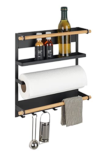 WENKO Küchenregal Mod. Magna, magnetisches Regal mit Küchenrollenhalter und Haken, aus Metall und Bambus, 33 x 34 x 8 cm, Schwarz von WENKO