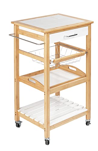 WENKO Küchenwagen Finja, Servierwagen aus nachhaltigem Bambus/MDF im Scandi-Style, Beistellwagen mit Schublade, Drahtkorb, herausnehmbarem Tablett & Ablage, vielseitig einsetzbar, 49 x 81 x 38 cm von WENKO