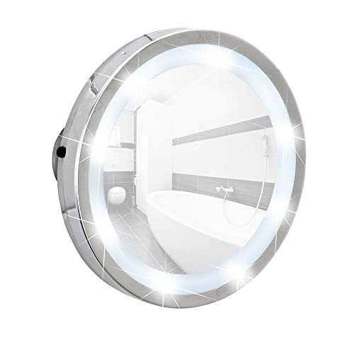 WENKO LED Leuchtspiegel Mosso - 3 Saugnäpfe, Spiegelfläche ø 11.5 cm 300 % Vergrößerung, Stahl, 15 x 15 x 2.5 cm, Chrom von WENKO