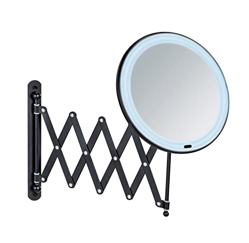WENKO LED Teleskop-Wandspiegel Barona, ausziehbarer Kosmetikspiegel mit LED-Beleuchtung und 5-fach Vergrößerung, Ein-/Ausschalten per Touch-Funktion, Betrieb mit Batterien oder USB-Kabel, Schwarz von WENKO