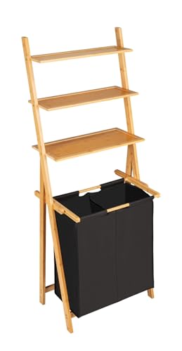 WENKO Leiterregal mit Wäschesammler Mod. Ecori, Leiter aus Bambus, Wäschekorb mit 2 Fächern (je ca. 33 L), Textil aus recyceltem Polyester, Schwarz von WENKO