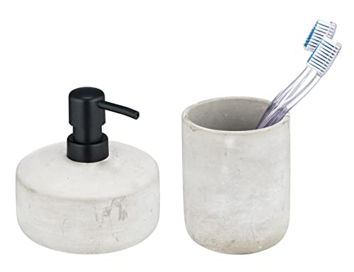 WENKO Marola Badezimmer Zubehör Set 2-teilig Seifenspender Zahnputzbecher aus Beton in Beton Optik, (71152800) von WENKO
