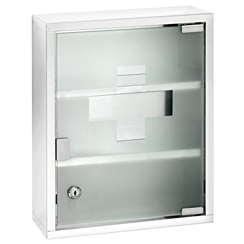 Medikamentenschrank Edelstahl, Arzneischrank zur sicheren Aufbewahrung von Medikamenten, aus hochwertigem, glänzendem Edelstahl und satiniertem Sicherheitsglas mit Dekor, 30 x 12 x 40 cm von WENKO