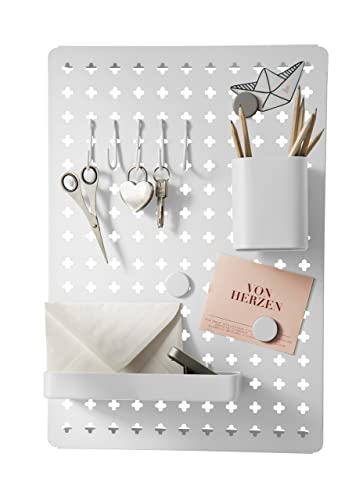 WENKO Memoboard Schreibtisch Organizer Weiß | Wandorganizer für Küche, Büro, Flur | Lochplatte Metall Set 3 Magneten, 5 Haken, 2 Behälter von WENKO