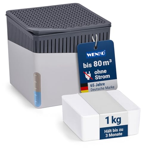 WENKO Raumentfeuchter Mod. Cube, Luftentfeuchter reduziert Schimmel & Gerüche, Auffangschale mit 1 kg Granulatblock nachfüllbar, fasst bis zu 1,6 l Feuchtigkeit, 16,5 x 15,7 x 16,5 cm, Grau von WENKO
