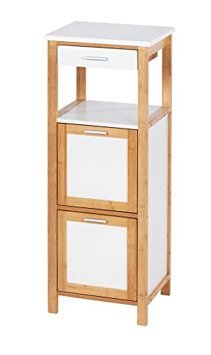 WENKO Regal Finja, Badezimmer-Schrank mit 2 Ablagen, 2 verschließbaren Fächern & Schublade aus naturnahem Bambus und MDF, Hochschrank für den gesamten Haushalt, 34 x 89 x 30 cm, Weiß / Natur von WENKO