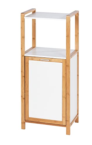 WENKO Regal Finja mit 2 Ablagen & integriertem Wäschesammler, Badezimmer-Schrank aus naturnahem Bambus und MDF mit Wäschebox in Grau, Hochregal für den gesamten Haushalt, 40 x 95 x 30 cm, Weiß / Natur von WENKO