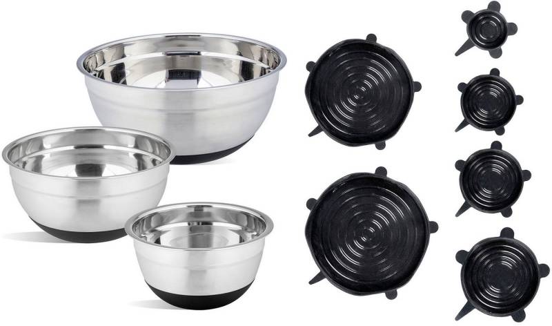 WENKO Servierschüssel Modell Aru, Edelstahl, (Set, 9-tlg), 3 Edelstahlschüsseln mit Anti-Rutsch Boden & Silikondeckel in 6 Größen von WENKO