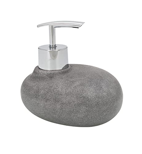 WENKO Seifenspender Pebble Stone, Pumpspender in Steinoptik, Dosierer für Flüssigseife, Lotion oder Spülmittel, aus hochwertigem Kunststein gefertigt, 11,8 x 10,4 x 9,7 cm, Grau von WENKO