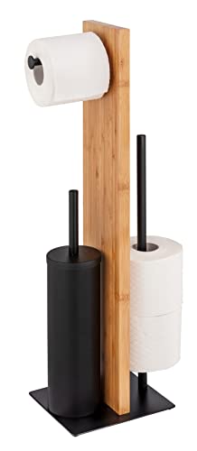 WENKO Stand Lesina, aus Bambus und schwarz lackiertem Stahl, Kombination Garnitur, Toilettenpapier-und Ersatzrollenhalter, WC-Bürstenkopf aus Silikon, (B x H x T): 18 x 69 x 18 cm, Natur von WENKO