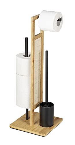WENKO Stand WC-Garnitur Rivalta Allegre, freistehende WC-Garnitur mit Toilettenbürste, Toilettenpapier- und Ersatzrollenhalter, aus Bambus, Rattan und schwarz matt lackiertem Stahl, 25 x 73 x 25 cm von WENKO