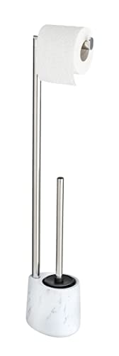 WENKO Stand WC-Garnitur Mod. Adrada freistehender Toilettenbürstenhalter Silikonbürste Toilettenpapierhalter in Marmor-Optik aus Keramik Edelstahl 13 x 72 x 9,5 cm Bürstenkopf Ø 7,5 cm Weiß Schwarz von WENKO