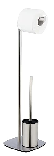 WENKO Stand WC-Garnitur Iria, freistehende WC-Garnitur mit Silikon-Toilettenbürste und Toilettenpapierhalter, aus rostfreiem Edelstahl, schwere Bodenplatte für sicheren Stand, 23x72x20 cm, Satiniert von WENKO