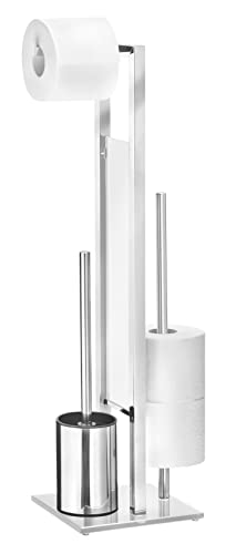WENKO Stand WC-Garnitur Rivalta, mit integriertem Toilettenpapierhalter und WC-Bürstenhalter, Silber & Weiss glänzend, Maße: 18 x 19 x 69 cm, 71046800 von WENKO