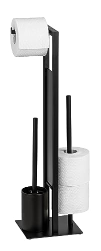 WENKO Stand WC-Garnitur Rivalta, mit integriertem Toilettenpapierhalter und WC-Bürstenhalter, lackierter Stahl, 23 x 70 x 18 cm, Schwarz matt von WENKO