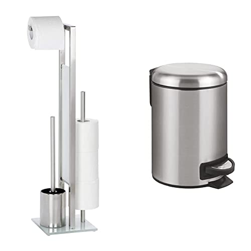 WENKO Stand WC-Garnitur Rivalta Edelstahl Matt, WC-Bürstenhalter & Kosmetik Treteimer Leman Easy Close Edelstahl 3L, mit Absenkautomatik und Anti-Fingerprint Fassungsvermögen: 17x25x22.5cm von WENKO