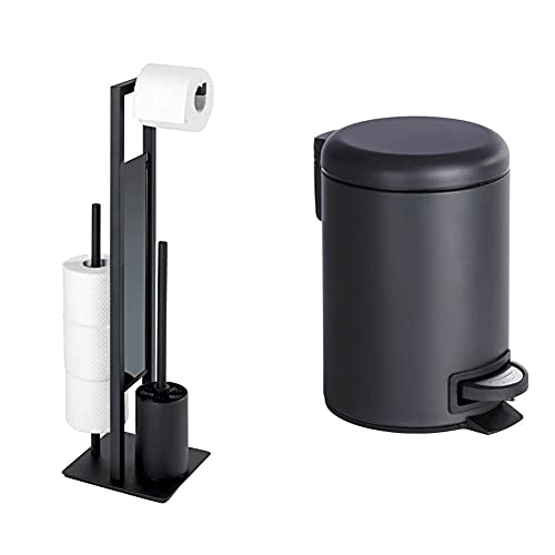 WENKO Stand WC-Garnitur Rivalta Schwarz matt - WC-Bürstenhalter, Stahl, 18 x 70 x 23 cm, Schwarz & Kosmetik Treteimer Leman Schwarz 3 l - Kosmetikeimer, 3 l, 17 x 25 x 22.5 cm, Schwarz von WENKO