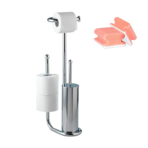 WENKO Stand WC-Garnitur Universalo Chrom, Toilettenpapierhalter, WC-Bürstenhalter, Ersatzrollenhalter aus verchromtem Stahl zum Aufstellen, inklusive WC-Bürste, mit Gratis 2er Set Schwämme von WENKO