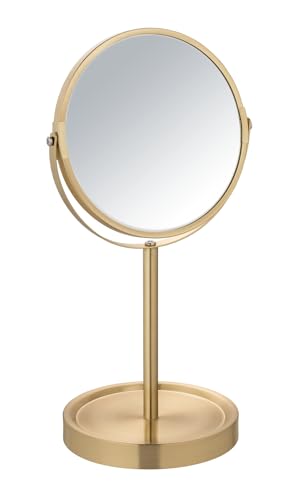 WENKO Standspiegel Alata Gold matt, Kosmetikspiegel mit 3-Fach Vergrößerung, stufenlos schwenkbar, mit Ablage, Ø 17 cm von WENKO