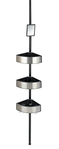 WENKO Teleskop Duschecke Premium Big Black, ausziehbares Badregal mit 3 Ablagen, 2 Haken & Spiegel, rostfreies Duschregal aus massivem Aluminium und Kunststoff, 27,5 x 70-260 x 20 cm, Silber/Schwarz von WENKO