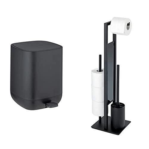 WENKO Treteimer Davos, 6,5 Liter, Kosmetikeimer mit Easy-Close Absenkautomatik, 23,5 x 26 x 27,5 cm, Schwarz matt & Stand WC-Garnitur Rivalta, 20 x 70 x 18 cm, Schwarz matt von WENKO