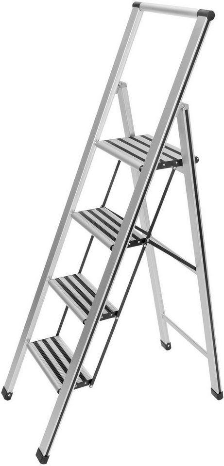 WENKO Trittleiter, 4-stufig, Aluminium, XXL-Stufen, flach klappbar von WENKO