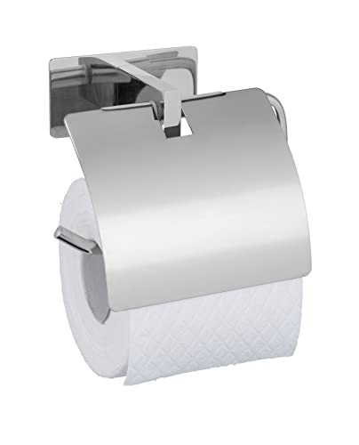 WENKO Turbo-Loc Toilettenpapierhalter Genova Shine mit Deckel, Wandhalter für Toilettenpapier-Rolle, Befestigen ohne Bohren mit Klebepad-System, Halter aus Edelstahl, 14 x 11,4 x 6,2 cm, Glänzend von WENKO