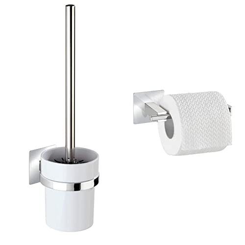 WENKO Turbo-Loc® WC-Garnitur Quadro - WC-Bürstenhalter, 9.5 x 35.5 x 12 cm, Chrom & Turbo-Loc® Edelstahl Toilettenpapierhalter ohne Deckel Quadro Edelstahl rostfrei, 16.5 x 6.5 x 7 cm, Chrom von WENKO