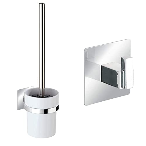 WENKO Turbo-Loc® WC-Garnitur Quadro - WC-Bürstenhalter, 9.5 x 35.5 x 12 cm, Chrom & Turbo-Loc® Edelstahl Wandhaken UNO Quadro - Befestigen ohne Bohren,6.5 x 6.5 x 3.5 cm, Chrom von WENKO