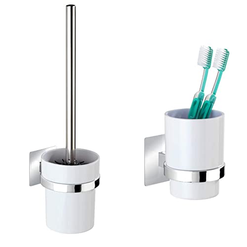 WENKO Turbo-Loc® WC-Garnitur Quadro - WC-Bürstenhalter, 9.5 x 35.5 x 12 cm, Chrom & Turbo-Loc® Zahnputzbecher Quadro - Zahnbürstenhalter für Zahnbürste und Zahnpasta, 7 x 10 x 9.5 cm, Chrom von WENKO