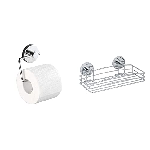 WENKO Vacuum-Loc® Wand Toilettenpapierhalter Milazzo, 13 x 10,5 x 3 cm & Vacuum-Loc® Wandablage, Duschablage im offenen Drahtkorb-Design aus verchromtem Metall für Bad und Gäste-WC, 26 x 5,5 x 15,5 cm von WENKO