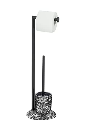 WENKO WC-Garnitur Terrazzo, inklusive WC-Bürste in Schwarz mit auswechselbarem Bürstenkopf und Rollenhalterung, lackierter Stahl kombiniert mit hochwertigem Kunststoff, 19 x 62 x 18,5 cm, Schwarz von WENKO