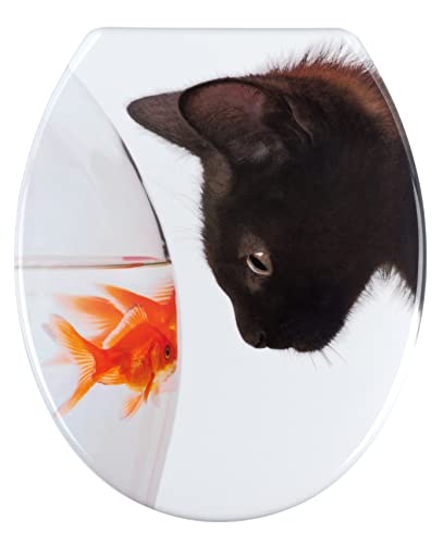 WENKO WC-Sitz Fish & Cat, Toilettensitz mit Hygienebefestigung aus rostfreiem Edelstahl, Toilettenbrille aus antibakteriellem Duroplast, 37,5 x 45 cm von WENKO