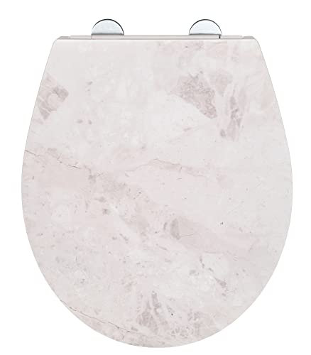 WENKO WC-Sitz White Marble, robuster Toilettensitz aus antibakteriellem Duroplast mit Absenkautomatik & rostfreier Fix-Clip Edelstahl Hygiene Befestigung, WC-Deckel mit Relief-Oberfläche, 38 x 44,5 cm von WENKO