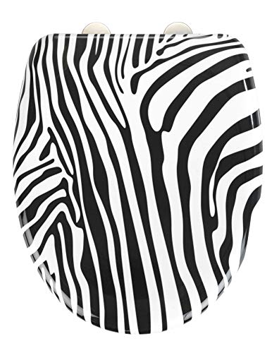 WENKO WC-Sitz Wild, hygienischer Toilettendeckel mit Absenkautomatik, Toilettensitz aus bruchsicherem, antibakteriellem Duroplast, Schnellbefestigung aus rostfreiem Edelstahl, 38 x 45 cm, Zebra-Muster von WENKO