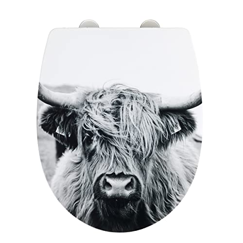 WENKO WC-Sitz mit Absenkautomatik (Softclose), Toilettensitz abnehmbar durch Fix-Clip, O-Form, bruchstabiler Thermoplast, Toilettendeckel mit mehrfarbigem Hochglanzdruck Yak-Motiv, Mod. Yak von WENKO