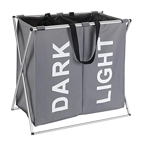 WENKO Wäschesammler Duo Grau, stabiler Wäschekorb mit Deckel und praktischen Tragegriffen, viel Stauraum mit 120 l und zwei Fächern, (B x H x T): 59 x 57 x 38 cm, moderne Aufschriften "Dark", "Light" von WENKO