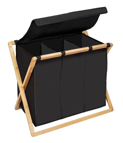 WENKO Wäschesammler Trio Mod. Ecori, mit 3 Fächern (je 31 Liter), aus FSC®-zertifiziertem Bambus, Wäschesack mit Deckel aus recyceltem Polyester, 69 x 56,5 x 33, Natur/Schwarz von WENKO