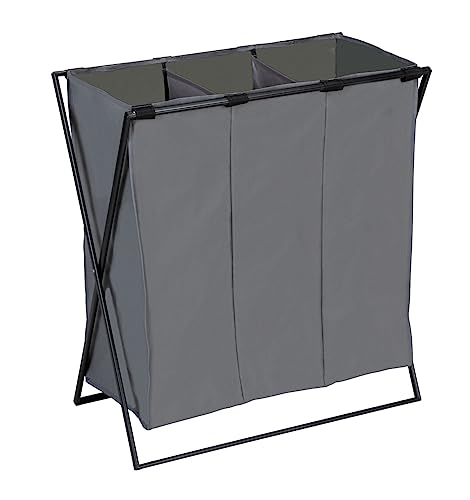 WENKO Wäschesammler Trio XL, Stabiler Wäschekorb mit Eisengestell, DREI Fächern für optimale Wäschetrennung und 145 L Füllmenge, platzsparend zusammenfaltbar, (B x H x T): 69 x 76 x 37 cm, Grau von WENKO