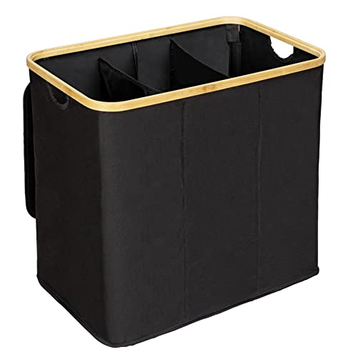 WENKO Wäschetruhe Trio Ecori, 3 Fächer (je 35 Liter), Rahmen aus FSC®-zertifiziertem Bambus, Wäschesack mit Deckel aus recyceltem Polyester, 57 x 50 x 37 cm, Natur/Schwarz von WENKO