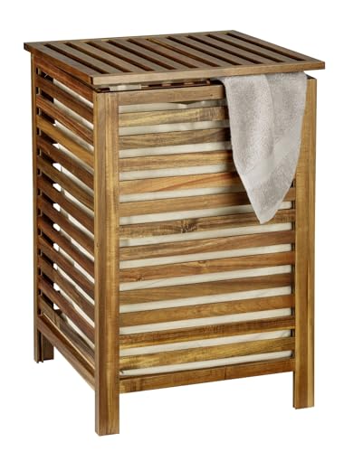 Wäschetruhe Mod. Fondi 56 L aus massivem Akazienholz mit Deckel und herausnehmbarem Wäschesack 34 x 50 x 38 cm Farbe Braun Creme Maße 45 x 65 x 45 cm von WENKO