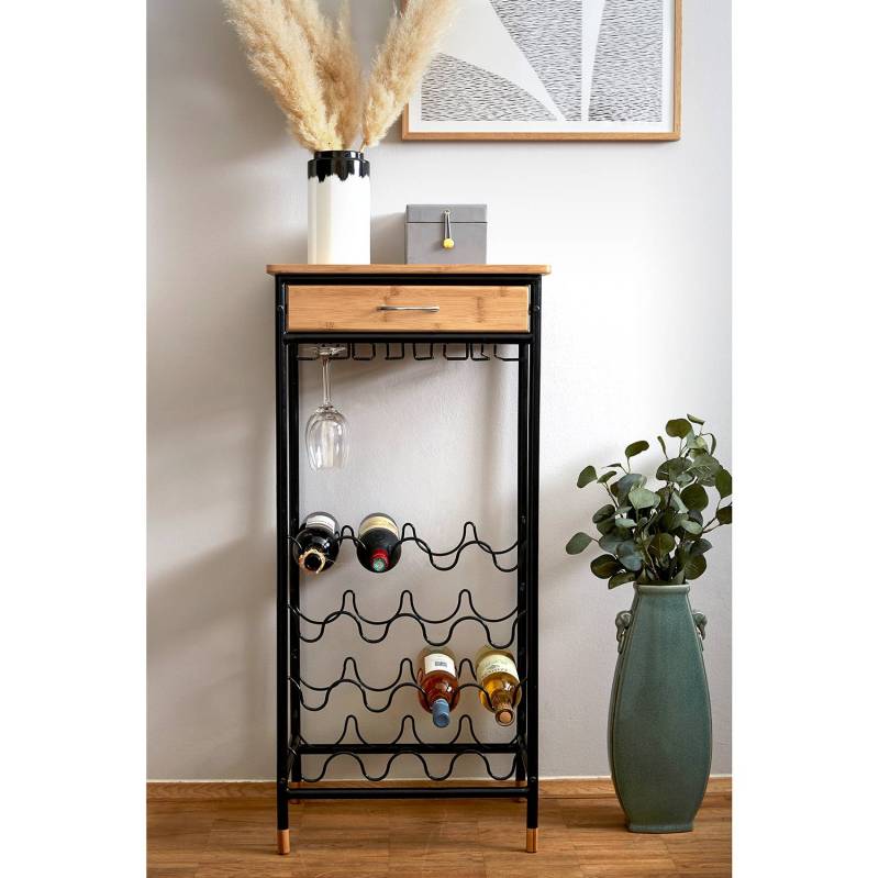 home24 Weinregal Loft II Ablage & Schublade: Massivholz Bambus, lackiert Gestell: Metall, pulverbeschichtet Braun 48 x 95 x 30cm von home24