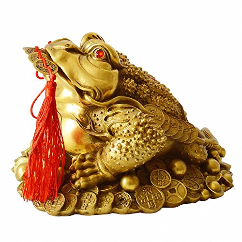 Feng-Shui-frosch (dreibeiniger Reichtum Frosch oder kröte) aus Messing + Set mit 5 antiken Münzen auf roter Schnur, Feng Shui Dekoration von BOYULL