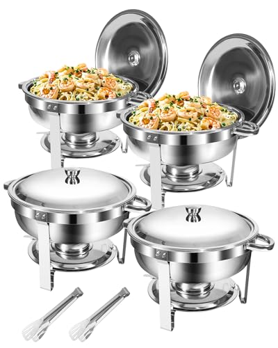 WENMILY Chafing Dish Buffet-Set 5L[Robust und hochwertig],4pcs Edelstahl Warmhaltebehälter[Rollrand-Design],Speisenwärmer für Catering Buffet und Party mit Servierzangen (Rund Silber- 4 Set) von WENMILY