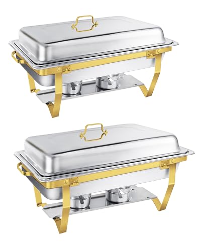 WENMILY Chafing Dish Buffet Set 9L[Robust und hochwertig],2pcs Edelstahl Warmhaltebehälter[Rollrand-Design],Speisenwärmer für Catering Buffet und Party (Quadrat Gold - 2 Sets 1/2+1/1 GNContainers) von WENMILY