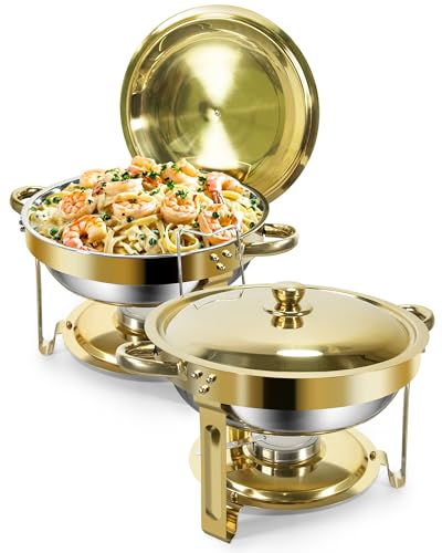 WENMILY Rund Chafing Dish Buffet Set 5L[Robust und hochwertig],2pcs Edelstahl Warmhaltebehälter [Elegante Gold und Silberfarben] Speisenwärmer für Catering Buffet und Party(Rollrand-Design) von WENMILY