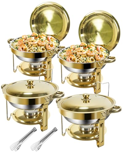 WENMILY Rund Chafing Dish Buffet Set 5L[Robust und hochwertig],4pcs Edelstahl Warmhaltebehälter [Elegante Gold und Silberfarben] Speisenwärmer für Catering Buffet und Party(Rollrand-Design) von WENMILY