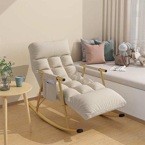 WENNEWU Atmungsaktiver Sofa-Innenstuhl, Terrassen Schaukelstuhl Mit Armlehnen, Moderner Relax-Wohnzimmer-Schaukelstuhl, Ergonomischer Stuhl, Verstellbare RüCkenlehne,Weiß,Gold Legs von WENNEWU